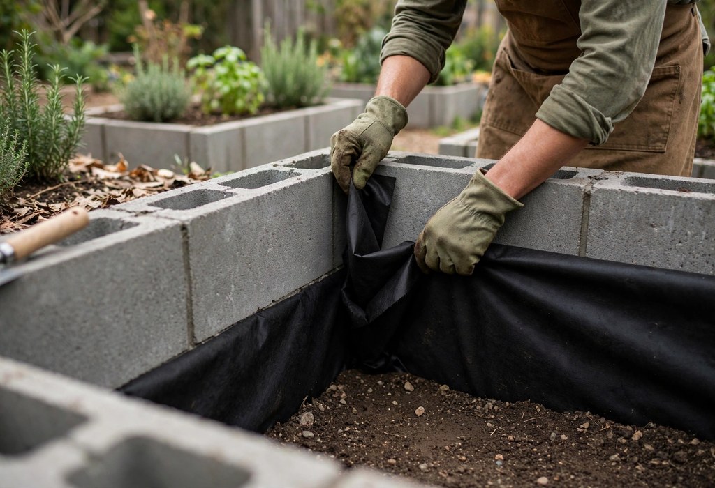 Gardener lining cinder block bed walls with black landscape fabric before planting