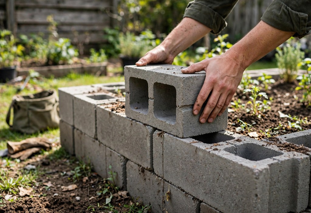 Hands dry-stacking gray cinder blocks for a raised garden bed