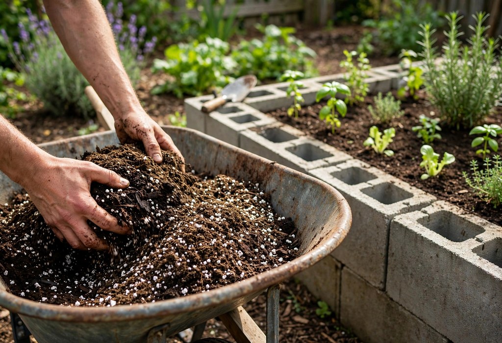 Hands mixing compost, topsoil, and perlite for a cinder block raised bed