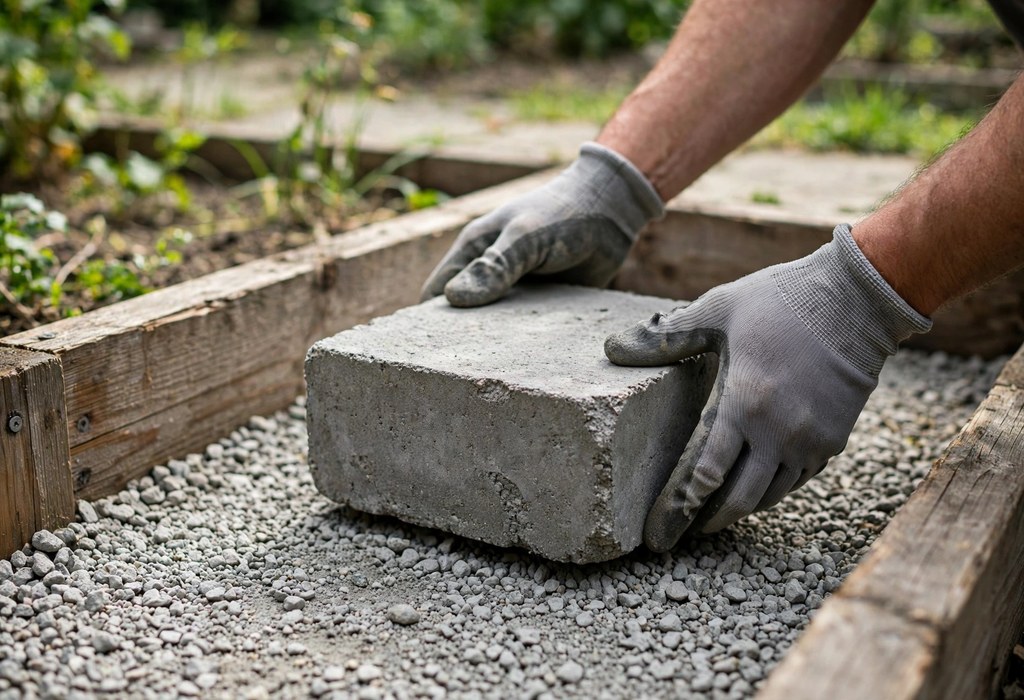 Hands setting a concrete block on a level gravel base
