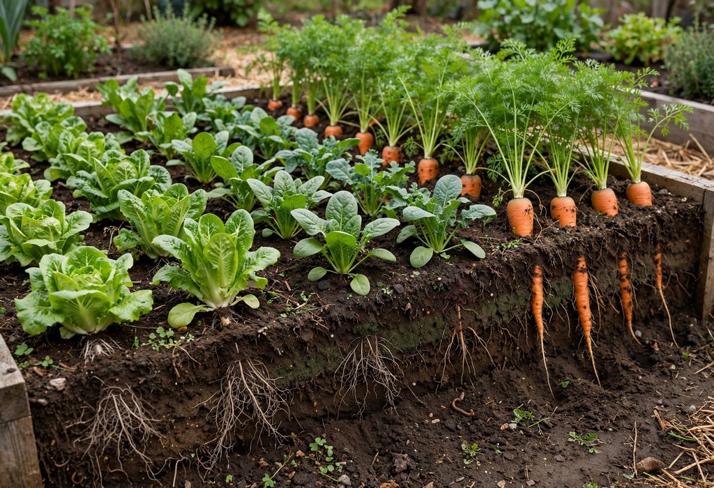 Lettuce and carrots arranged by root depth in a raised bed