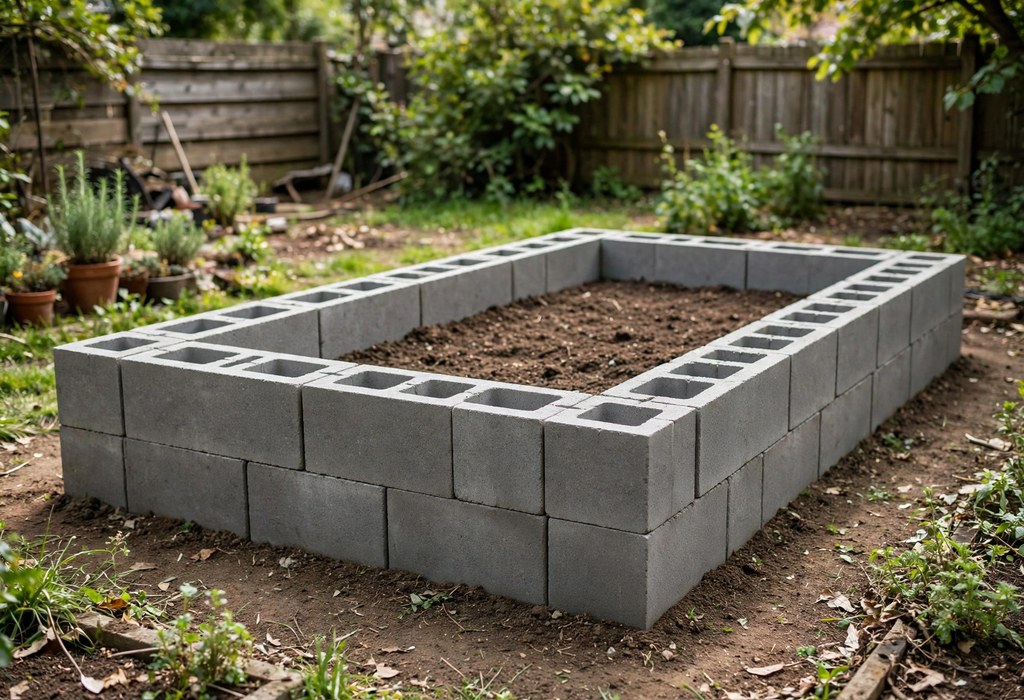 Level cinder block wall forming a raised garden bed frame