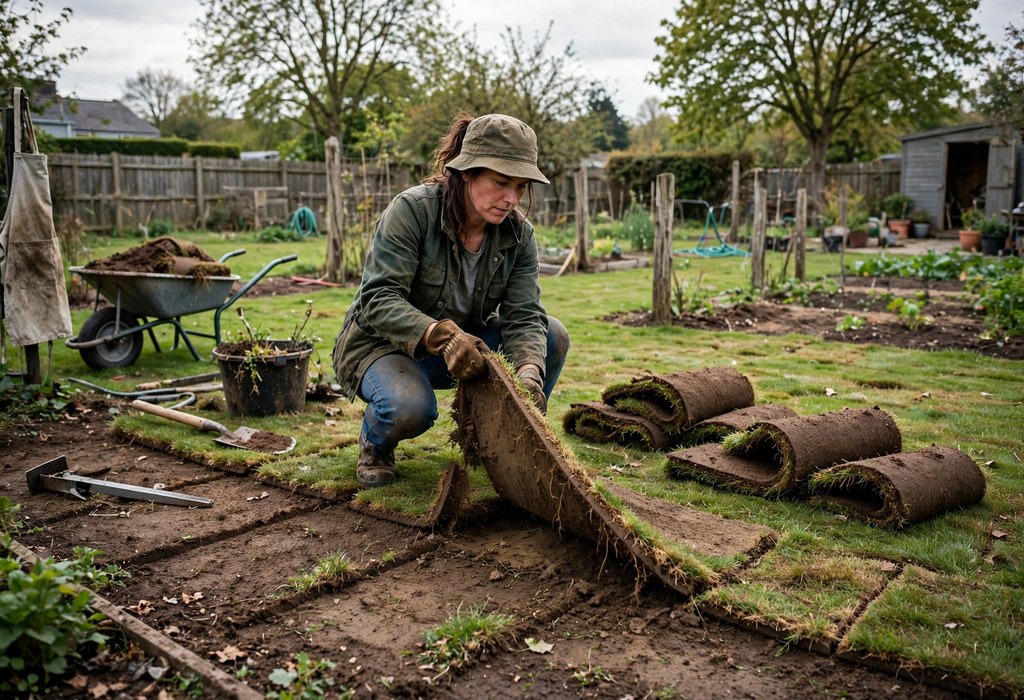 Gardener lifting sod strips from a new garden bed area