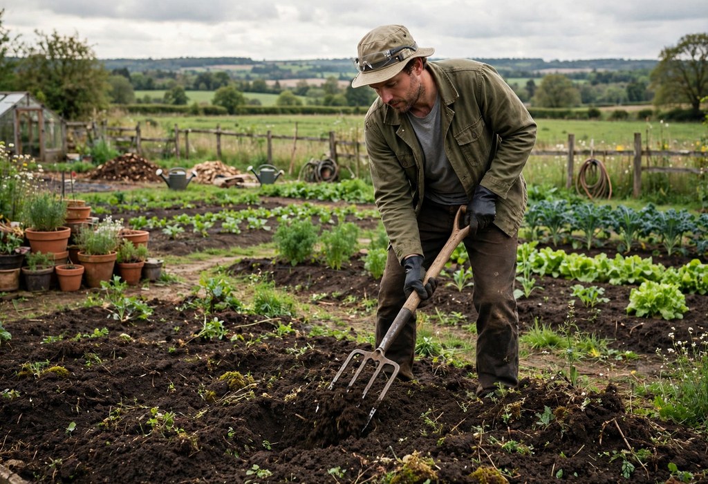 Gardener loosening dark garden soil with a fork