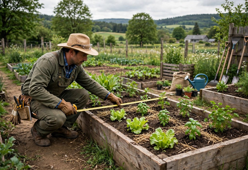 Gardener measuring a raised garden bed with a tape measure