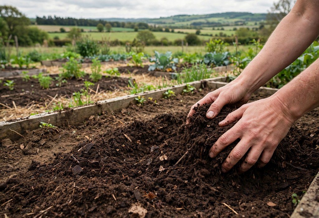 Hands mixing mature compost into prepared garden bed soil
