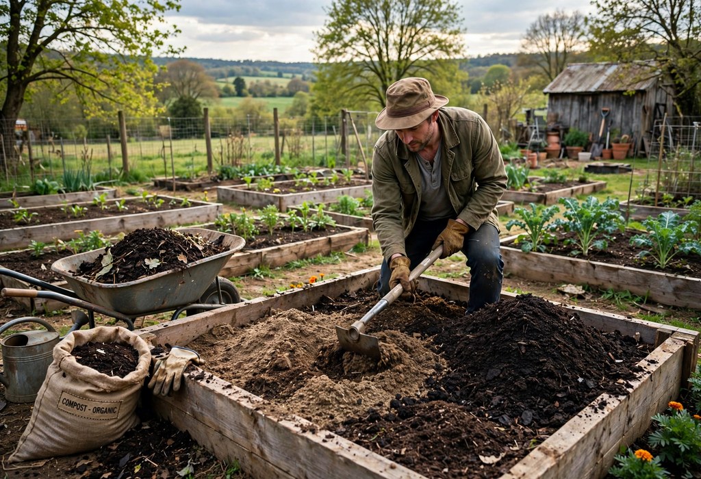 Gardener mixing topsoil and compost for a garden bed