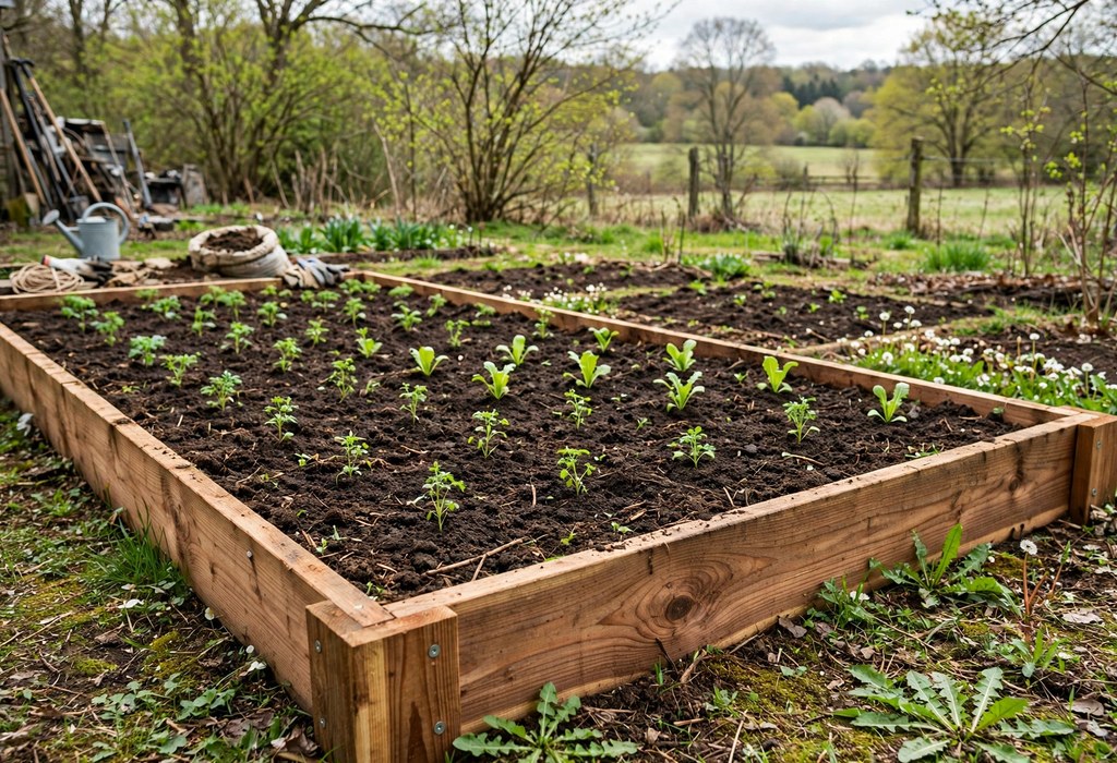 New raised garden bed in spring with fresh soil and young seedlings