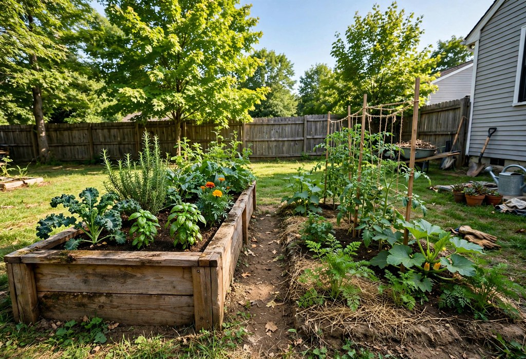 Raised garden bed beside an in-ground garden bed in a sunny backyard
