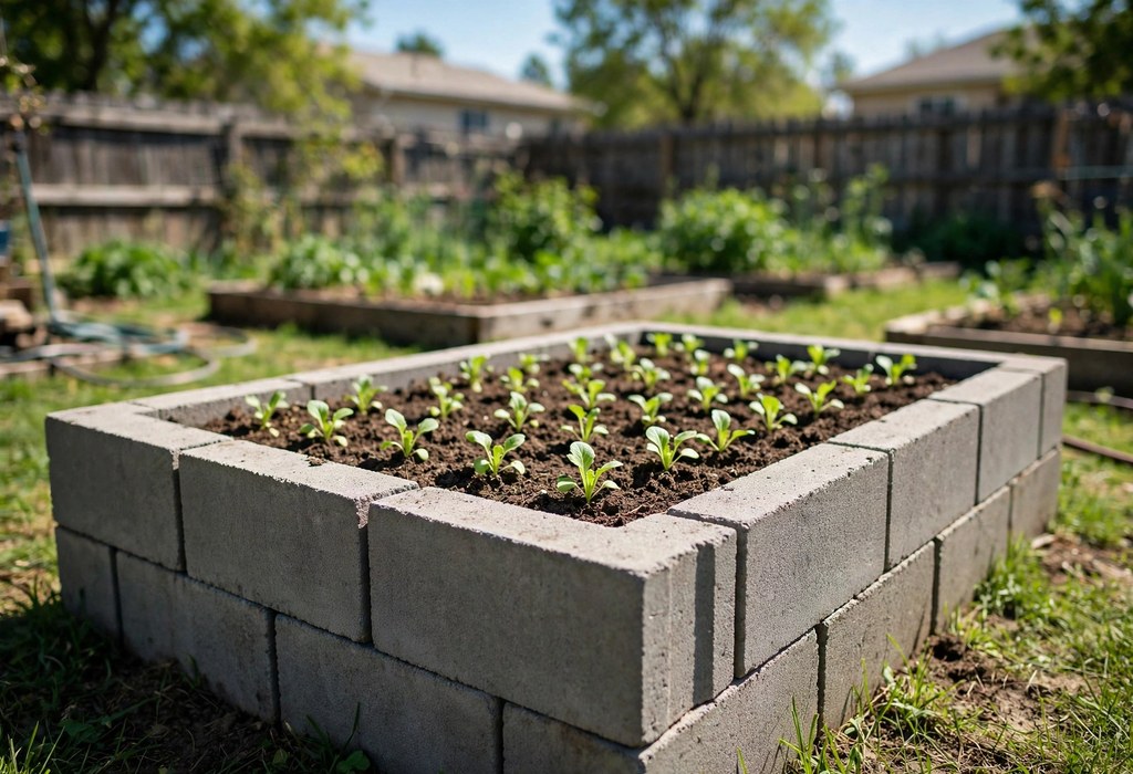 Raised vegetable bed built from stacked concrete cinder blocks filled with soil