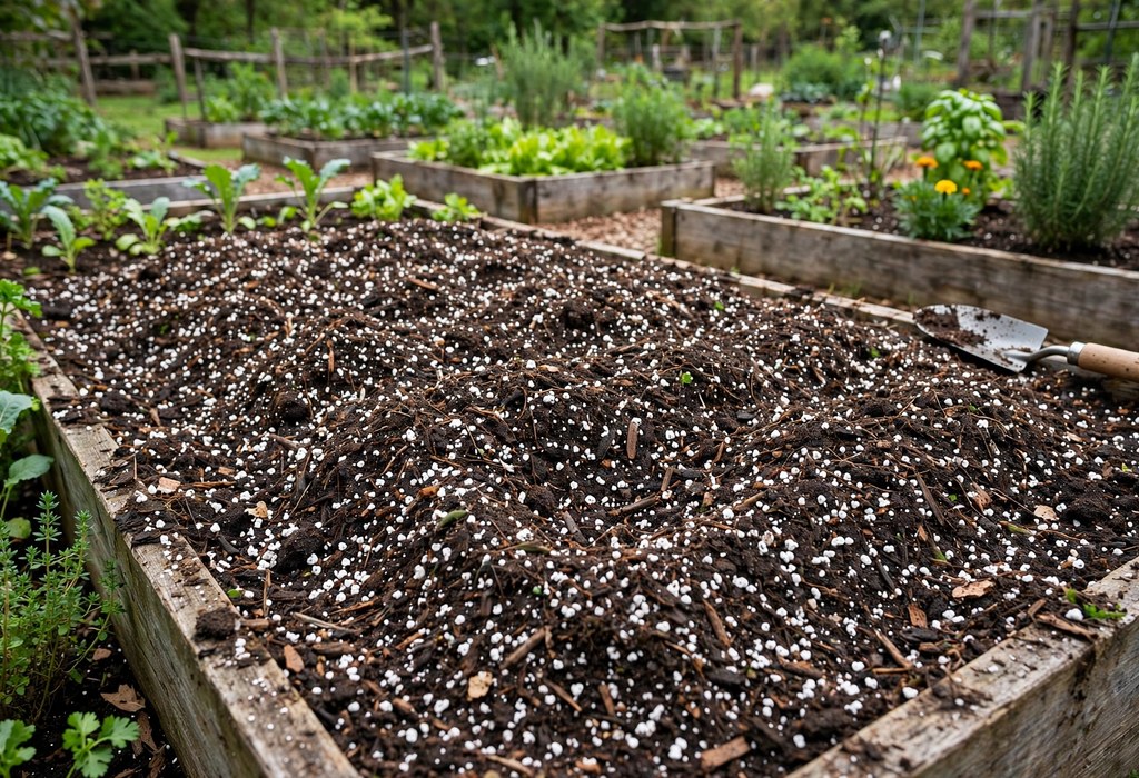 Rich garden bed soil mix with perlite for drainage