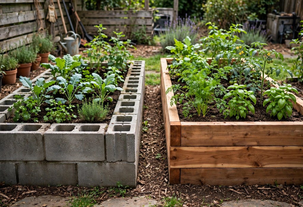 Side-by-side comparison of a cinder block raised bed and a cedar raised bed