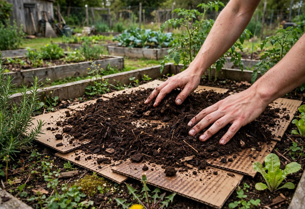 Hands spreading finished compost over cardboard in a garden bed