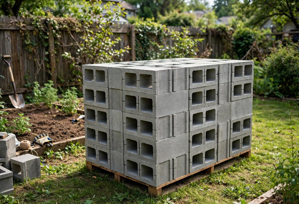 Stack of 16x8x8 cinder blocks ready for a 4x8 raised bed