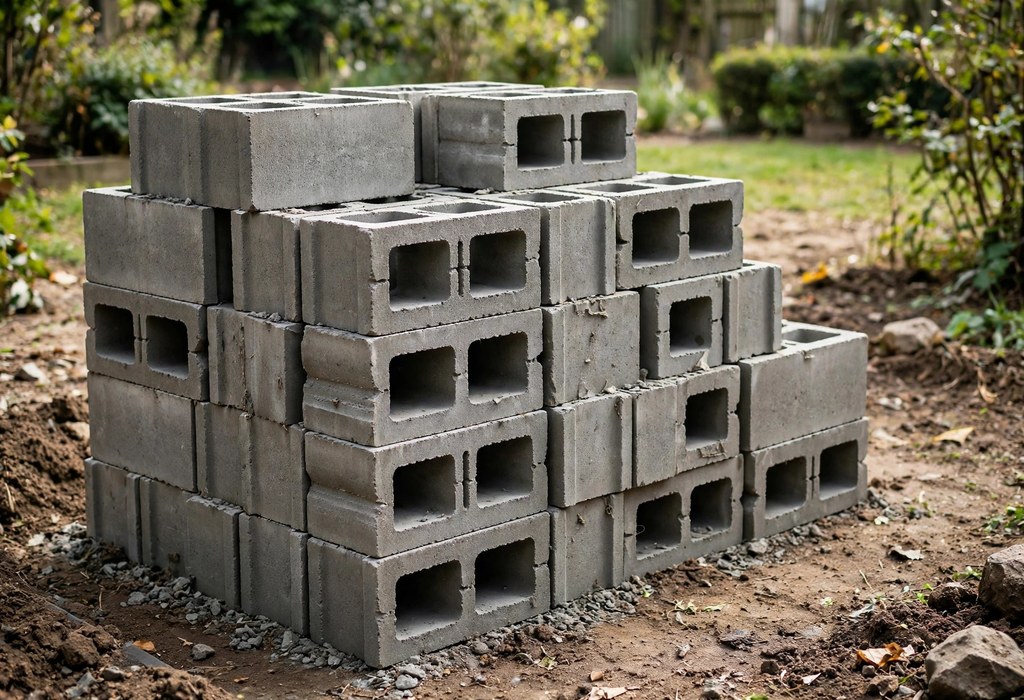 Stack of gray concrete blocks ready for a raised garden bed project