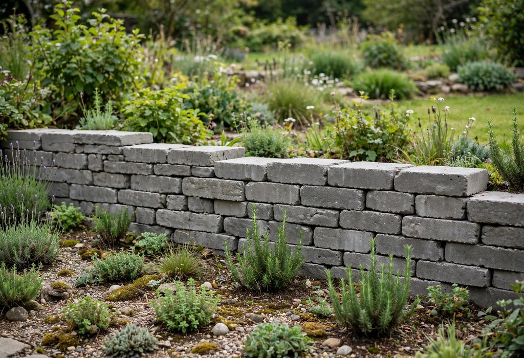 Staggered concrete block courses forming a low garden wall
