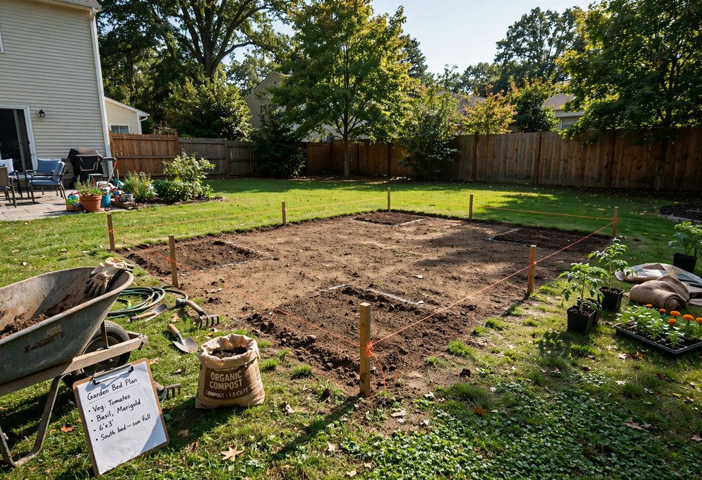 Sunny level backyard spot marked for a new garden bed
