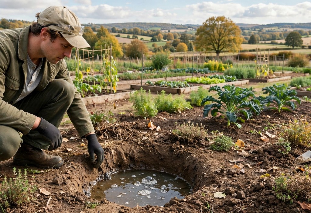 Gardener testing soil drainage in a small hole to choose garden bed location