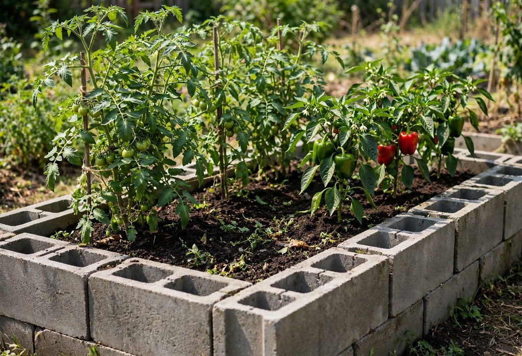 Tomato and pepper plants growing in a cinder block raised bed