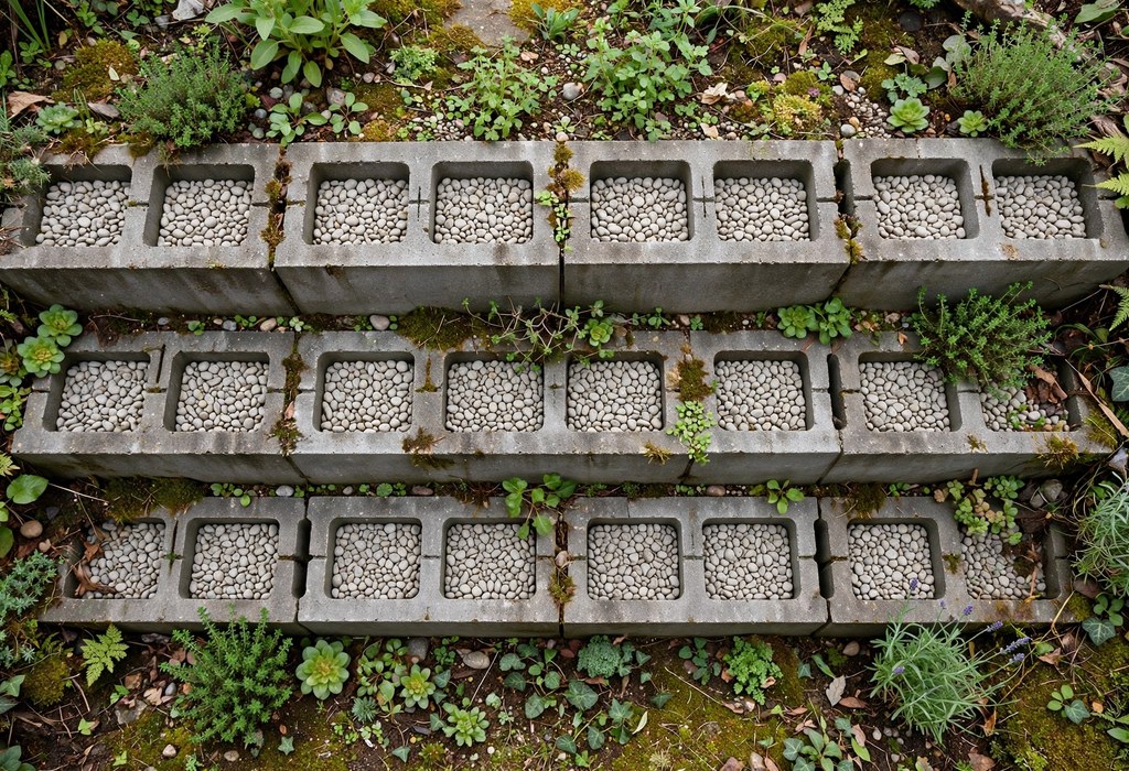 Top view of hollow block holes capped with pea gravel for a clean finished look.
