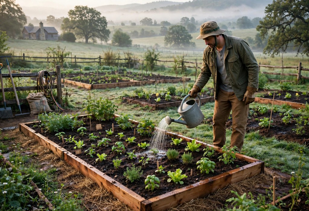 Gardener watering a new garden bed with a watering can in morning light